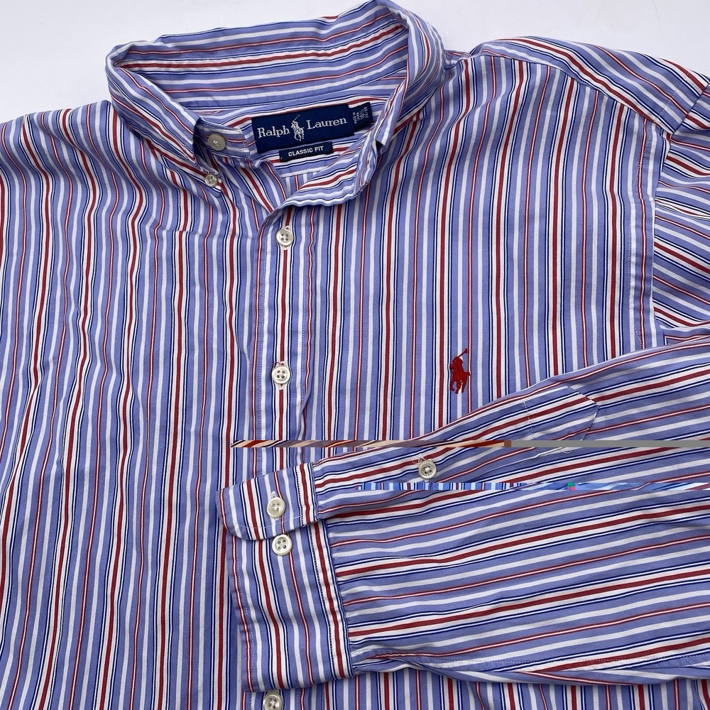 Polo Ralph Lauren Classic Fit Shirt Blue Red Striped Button Down XL L/S Oxford